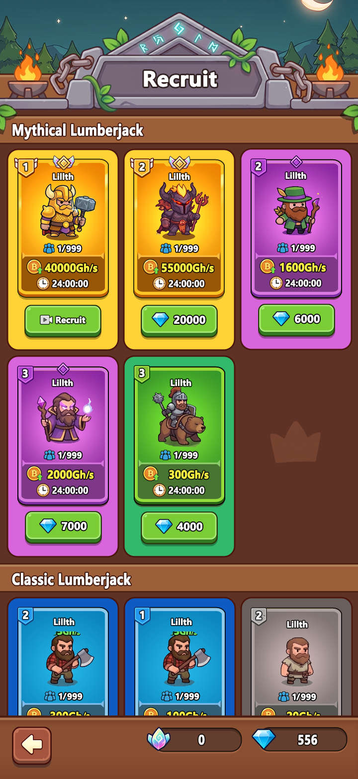Bitcoin Lumberjack recruit screen