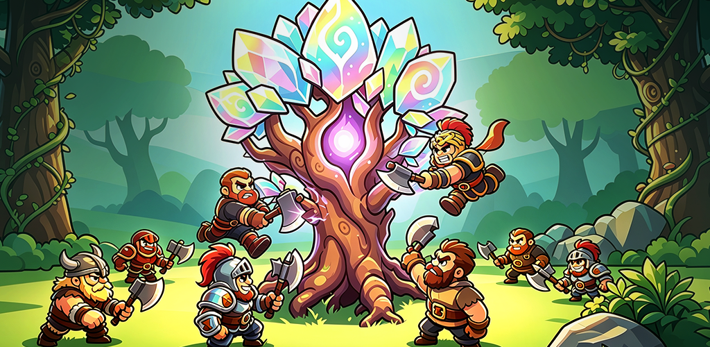 Lumberjacks chopping a glowing crystal tree in a fantasy forest